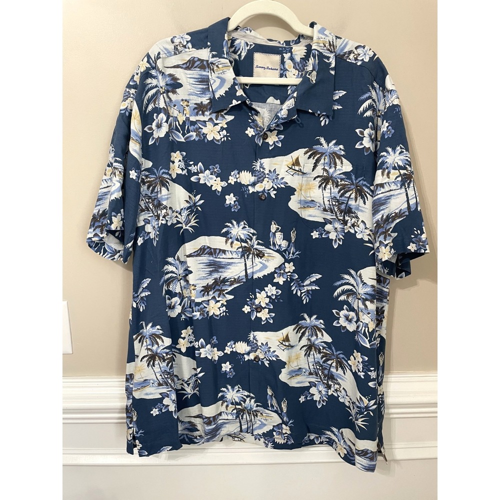 Tommy Bahama Men's Size XXL 100% Silk Hawaiian Camp Shirt Blue Hula Beach Tropic